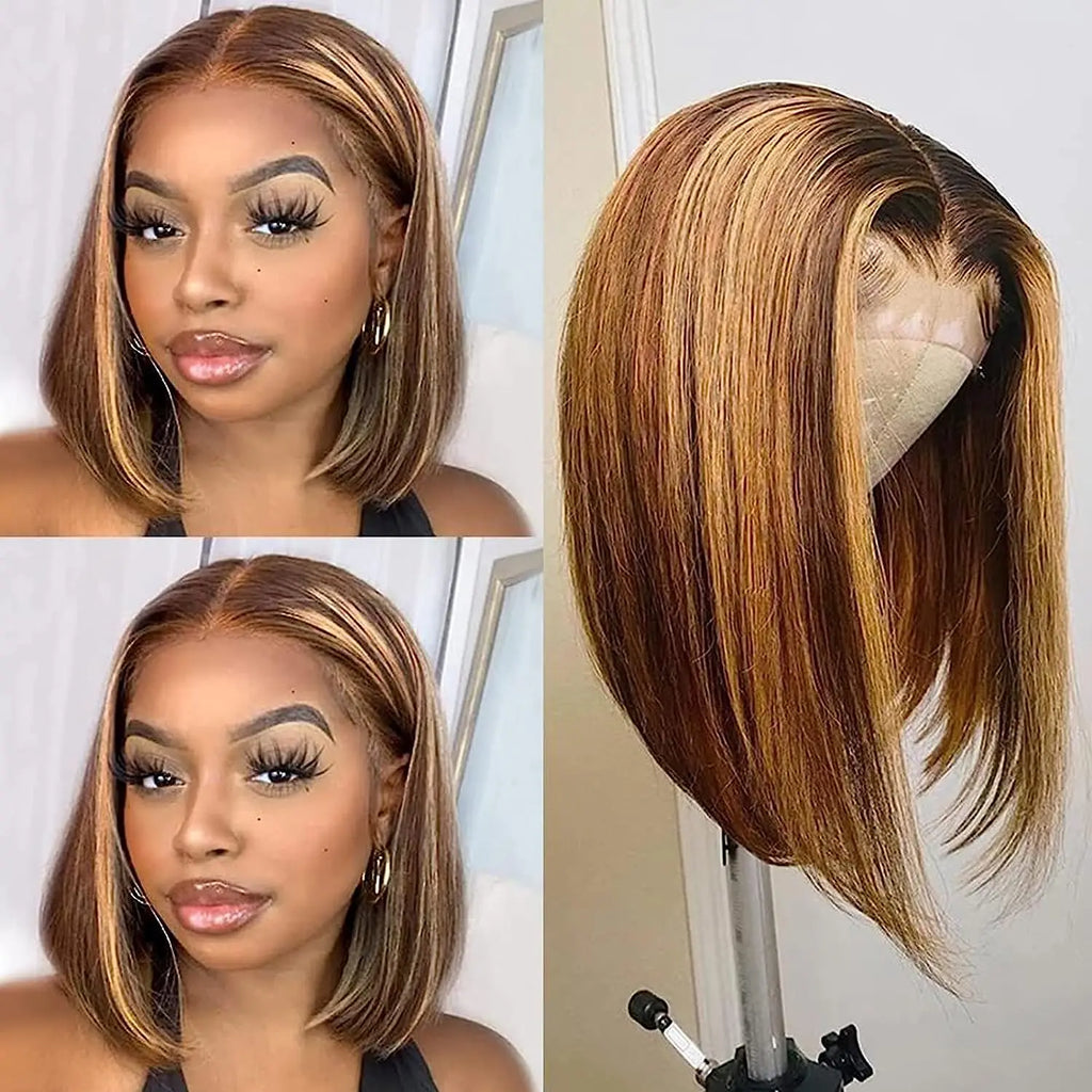 Wig with a lace front and a model wearing it, showing a side view.