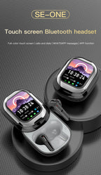 Touch screen Bluetooth headset with charging case on a gray background