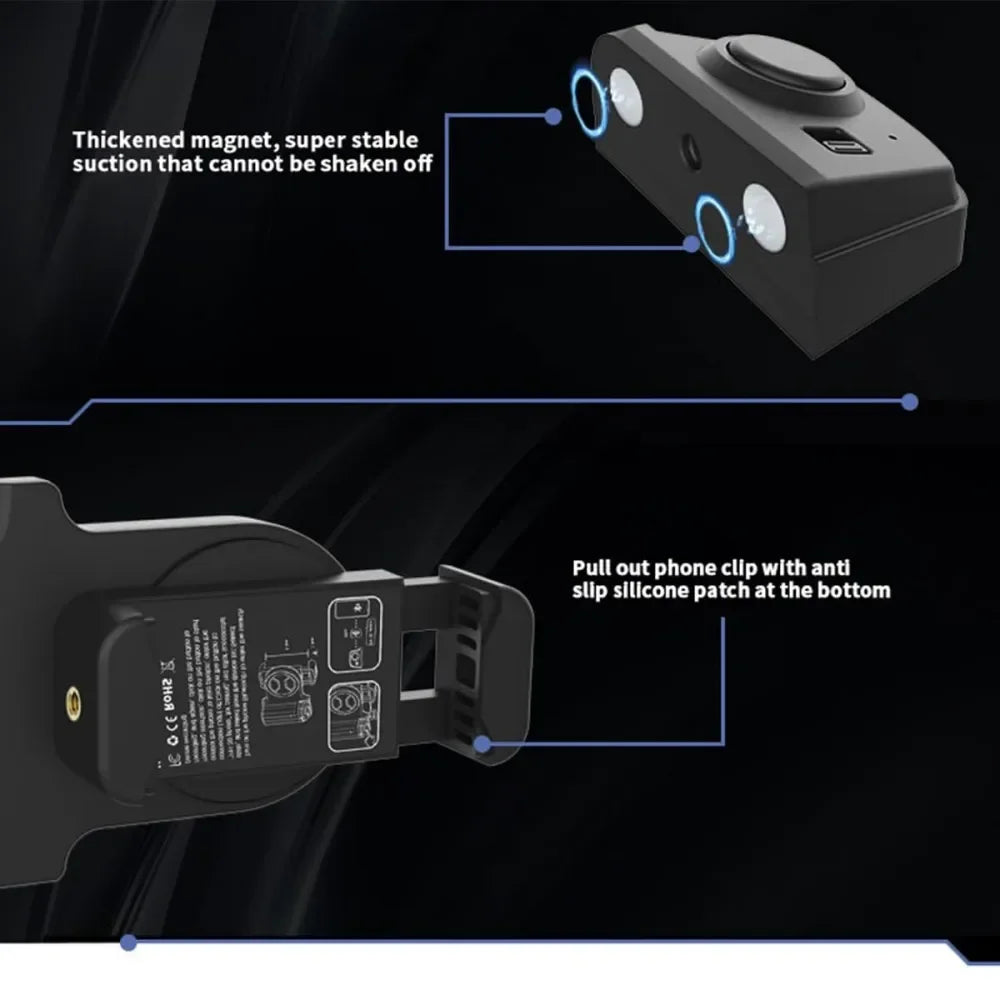 Black phone holder with features highlighted on a black background
