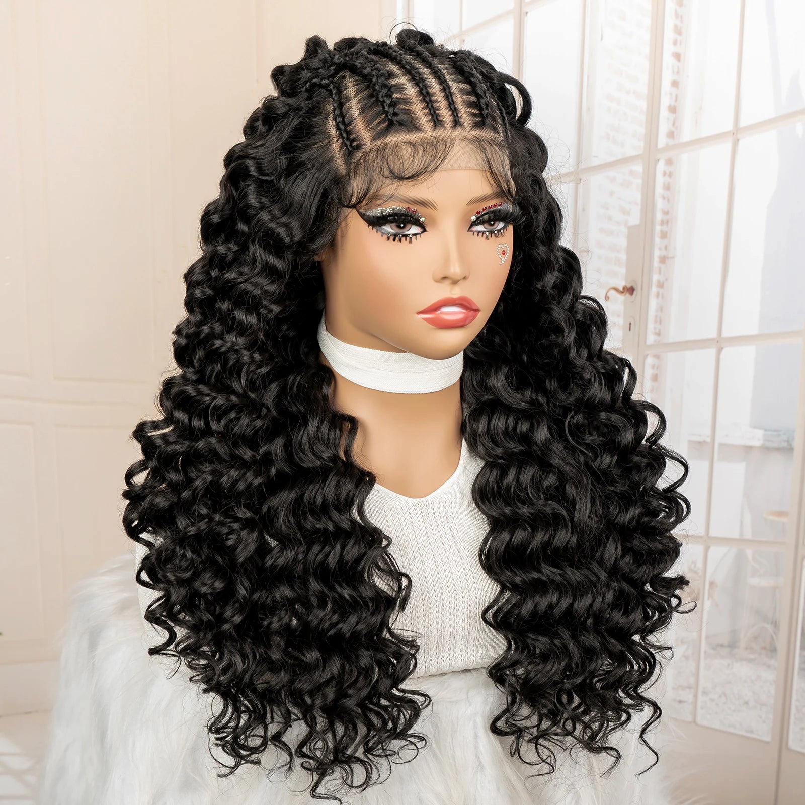 Mannequin head with a black wig featuring braided and curly hair styles.