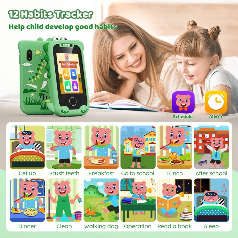 Smartphone with green dinosaur case and app interface, woman and child reading, and cartoon characters on a green background.