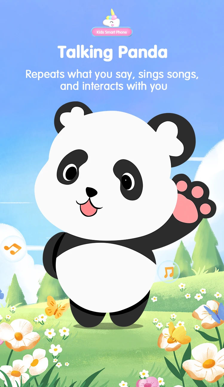 Cartoon panda waving in a garden with text about Talking Panda app