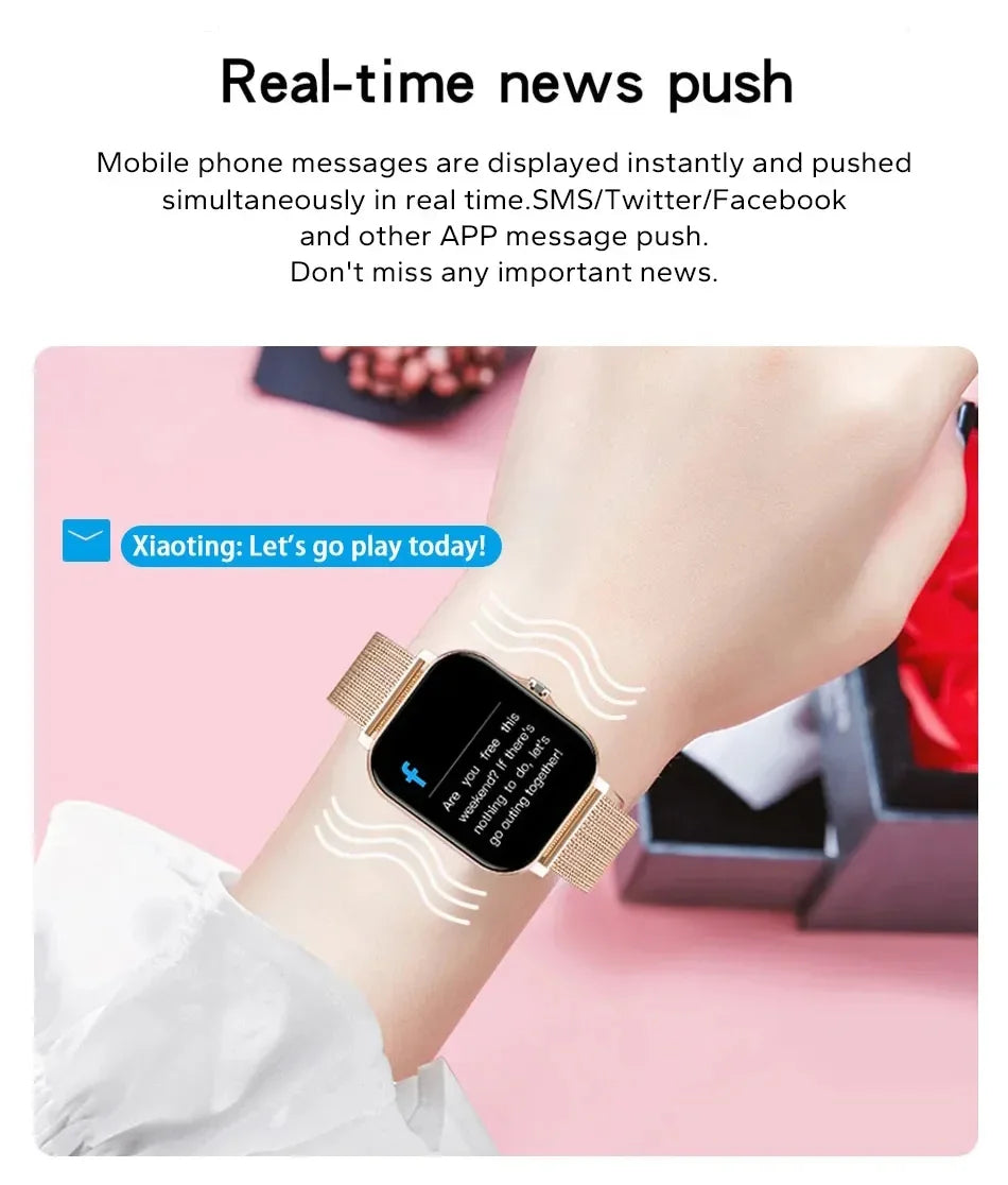 Smartwatch on a wrist with text about real-time news push notifications.