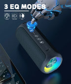 Bluetooth speaker with robot hand interacting, featuring Ohayo branding and three EQ mode options.