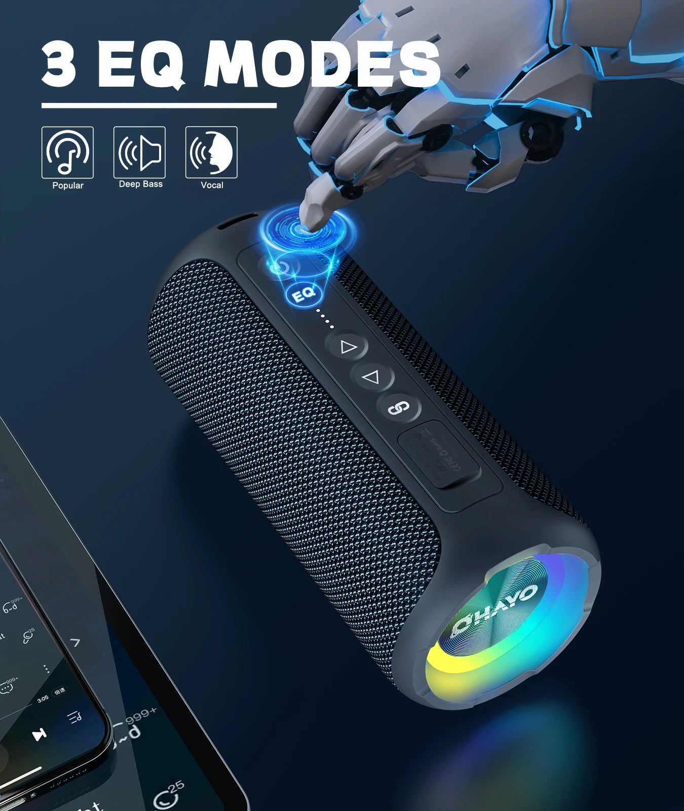 Bluetooth speaker with robot hand interacting, featuring Ohayo branding and three EQ mode options.