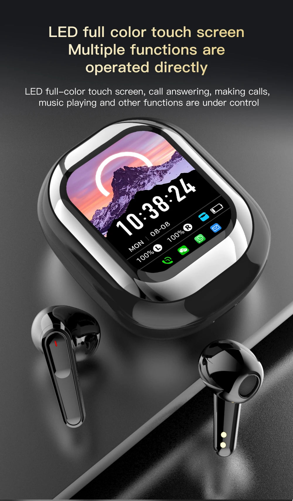 Smartwatch with touch screen and wireless earbuds on a dark background