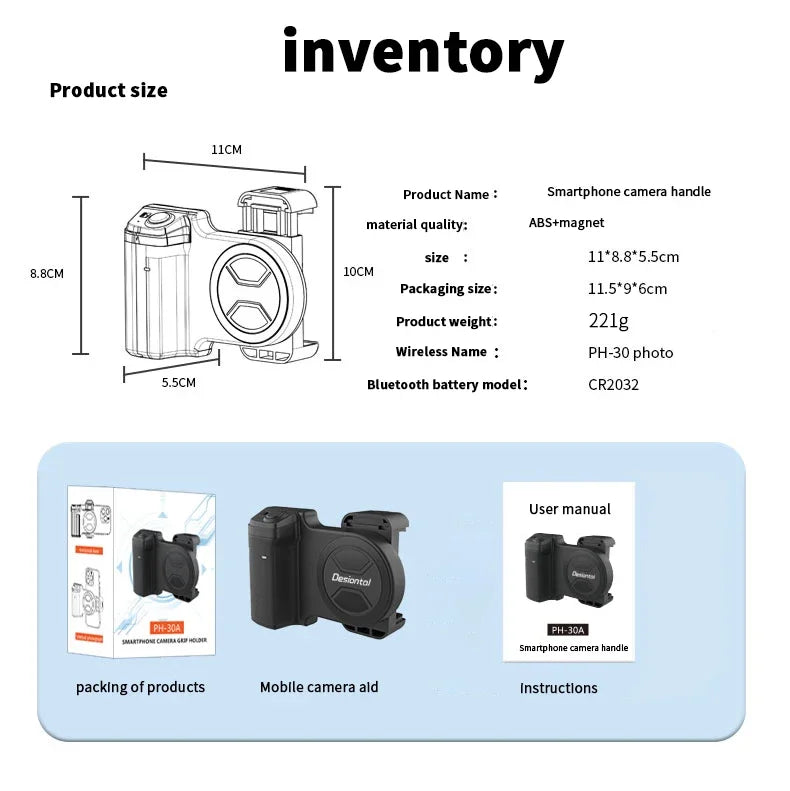 Product details of a smartphone camera handle with dimensions, material quality, and packaging information.