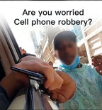 Person holding a phone with text overlay 'Are you worried Cell phone robbery?'