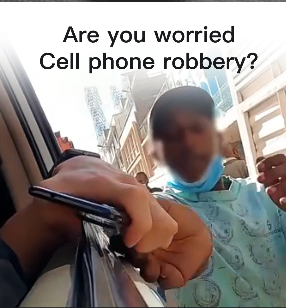 Person holding a phone with text overlay 'Are you worried Cell phone robbery?'