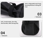 Black foot cover with velcro adjustment and text detailing features on a white background