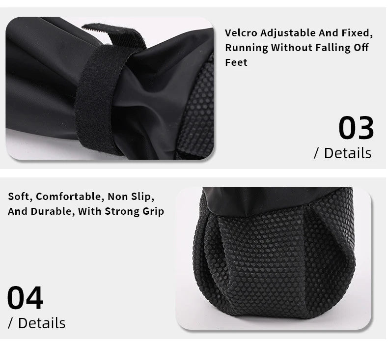Black foot cover with velcro adjustment and text detailing features on a white background