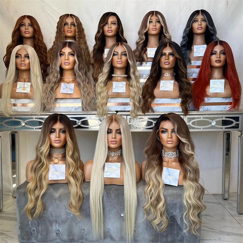 Collection of wigs displayed on mannequin heads with various hairstyles and colors.