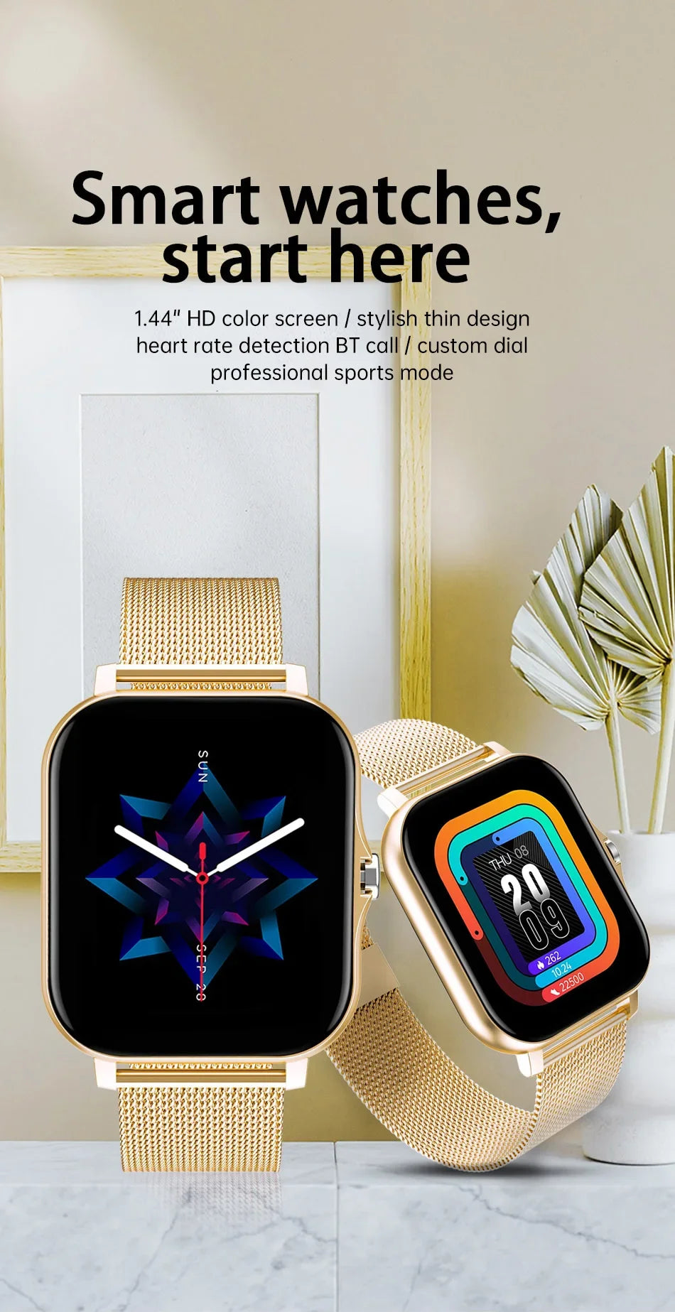 Two smartwatches on a marble surface with promotional text about features.