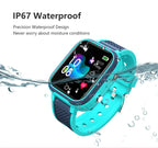 Teal smartwatch with water splashing around it, emphasizing its waterproof feature.