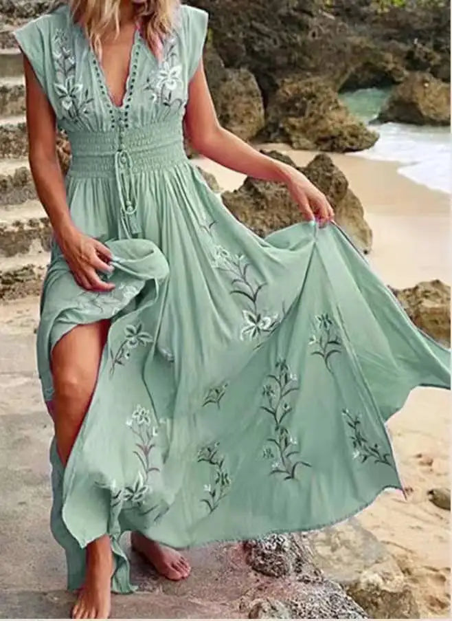 V-neck French Beach Wave Casual Printed Dress