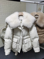 Maomaokong loose Real Fox Fur Collar 2024 White Duck Down Jacket Women Winter Luxury Puffer Coat Oversize Feather Outwear
