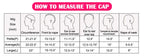 Chart for measuring wig cap sizes with head illustrations and measurements.