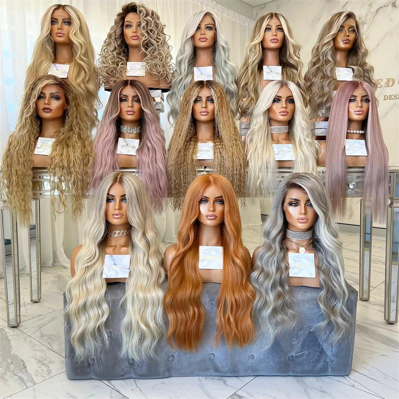 Collection of wigs displayed on mannequin heads with visible brand labels.