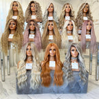 Collection of wigs displayed on mannequin heads with visible brand labels.