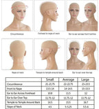 Measurement chart for wig head sizes with mannequin heads and measurements.