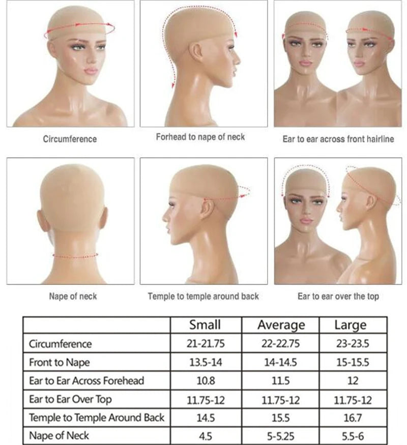 Measurement chart for wig head sizes with mannequin heads and measurements.