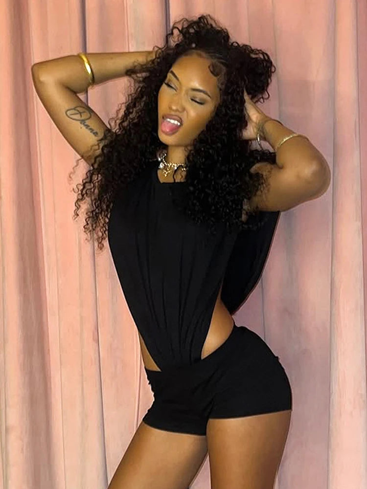 Women Two-Piece Side Split Bodysuit+Shorts
