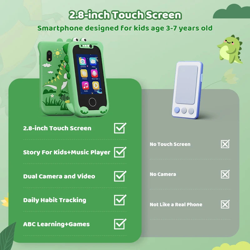 Smartphone designed for kids with a green case and dinosaur graphics on a green background.