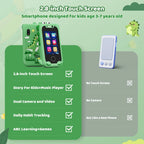 Smartphone designed for kids with a green case and dinosaur graphics on a green background.
