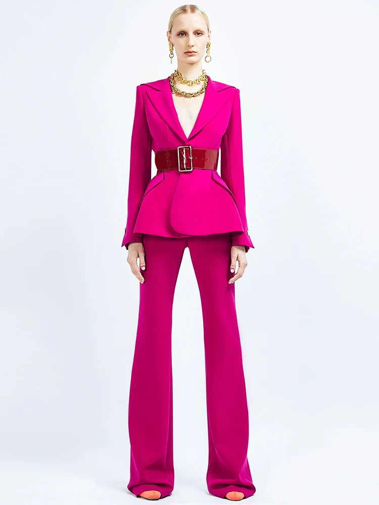Suit Set Women's Slim Fitting Single Button Belted Blazer Flare Pants