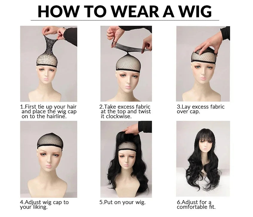 Step-by-step guide on how to wear a wig with mannequin demonstrations.