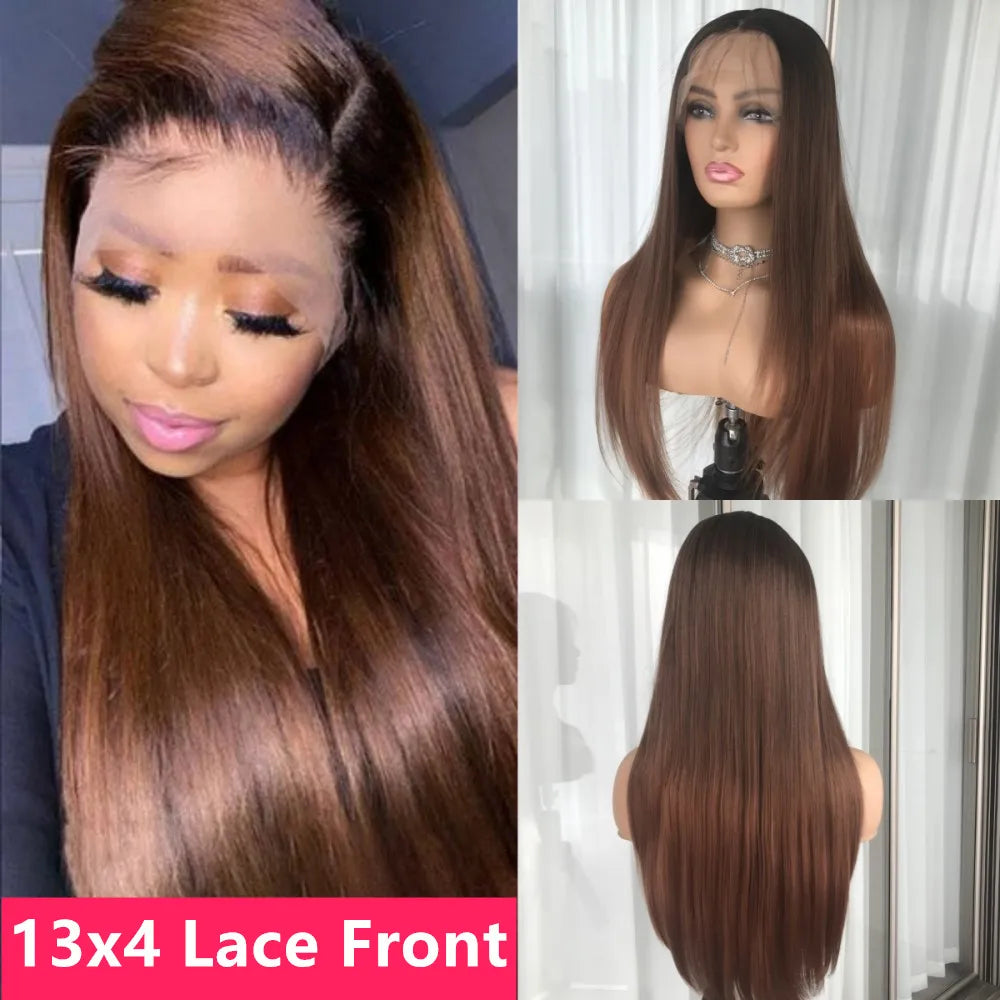 Brown lace front wig shown on a mannequin and a person, with '13x4 Lace Front' text.