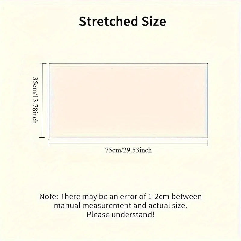 Measurement chart showing stretched size dimensions with a note about potential error.