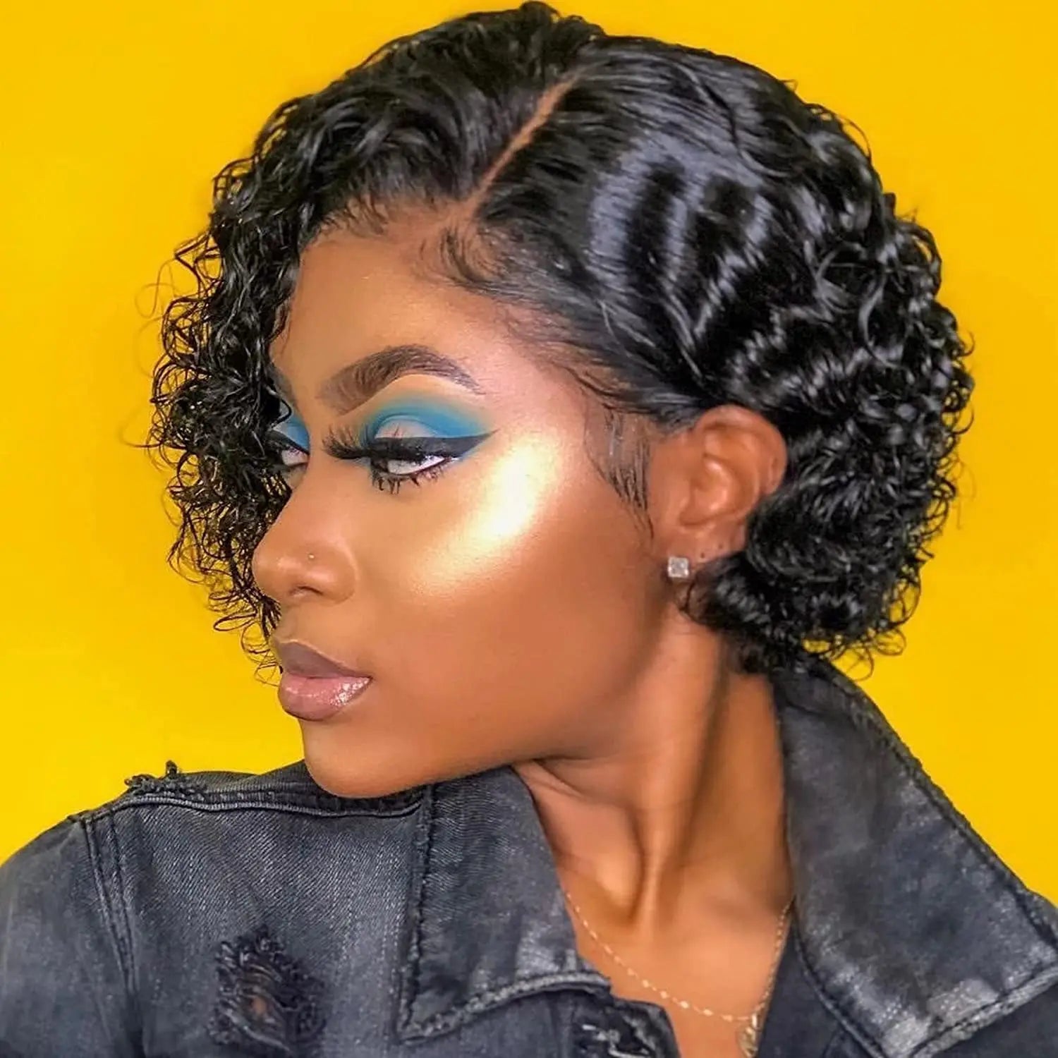 Woman with styled hair against a yellow background