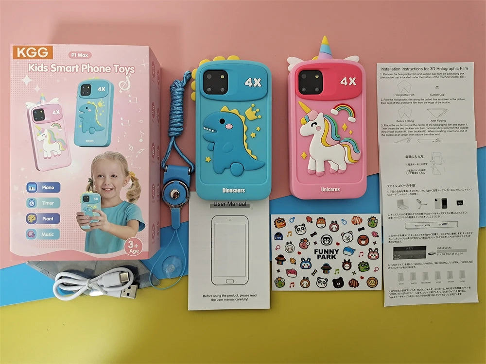 Children's phone toy set with colorful cases, packaging, and accessories on a pink and yellow background.