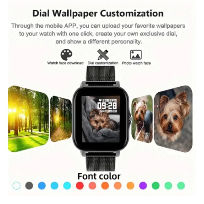 Smartwatch with customizable dial and watch faces on a white background