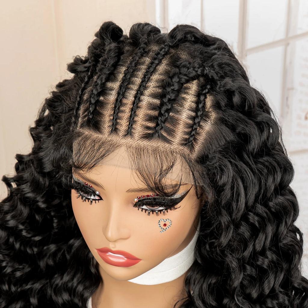 Mannequin head with a wig featuring braided and curly hair against a neutral background