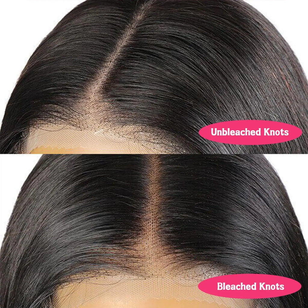 Comparison of unbleached and bleached knots in a hair product packaging.