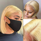Blonde wig with a close-up of hair texture and a person wearing it.