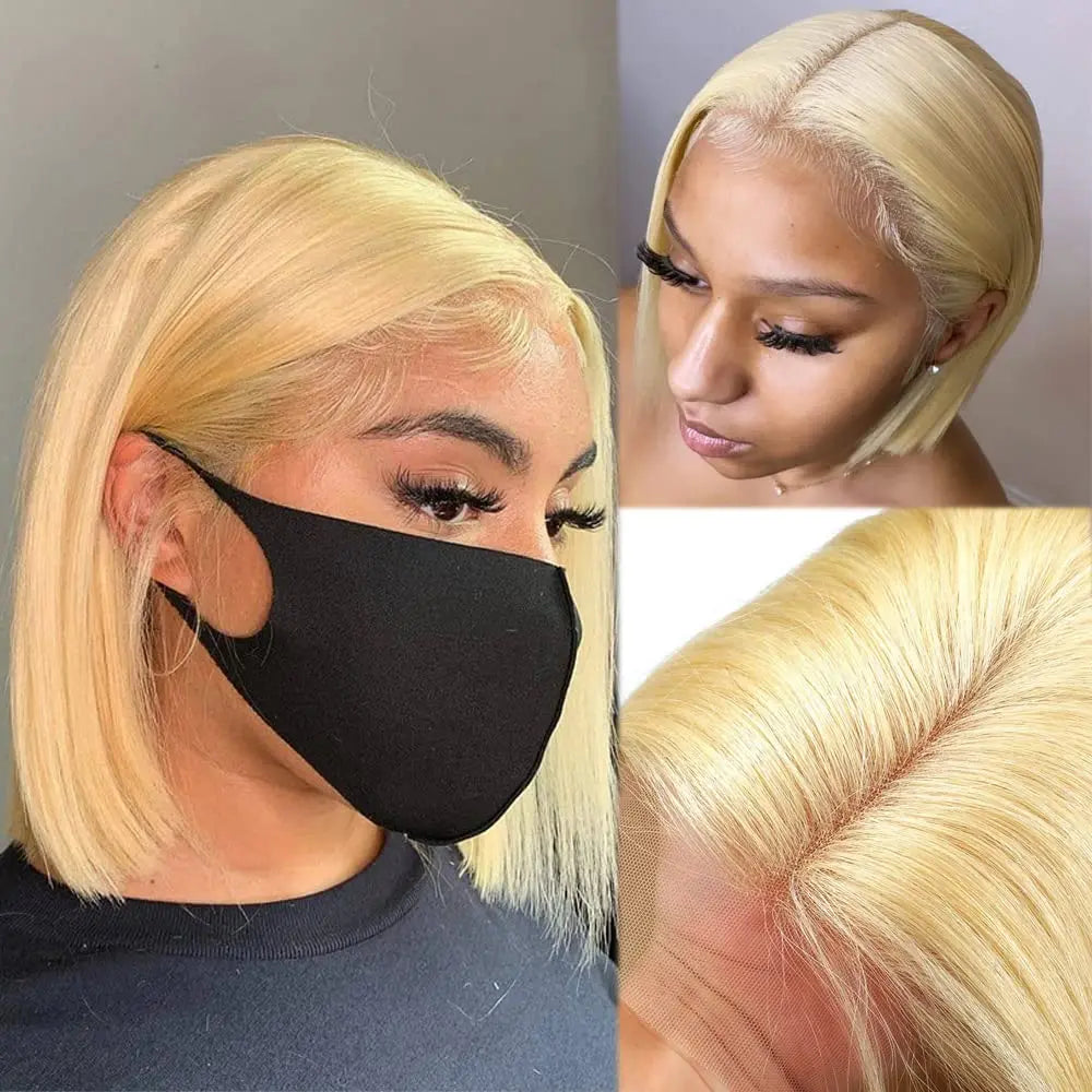 Blonde wig with a close-up of hair texture and a person wearing it.