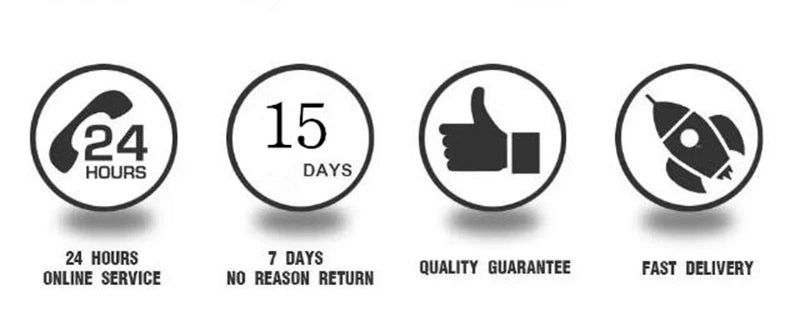 Set of icons with text indicating service, return policy, quality guarantee, and fast delivery on a white background.