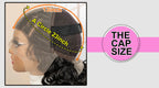 Hair wig cap size measurement with a circle and text indicating cap size on a neutral background.