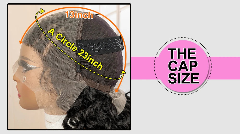 Hair wig cap size measurement with a circle and text indicating cap size on a neutral background.