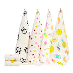 Set of four colorful baby blankets with different patterns on a white background