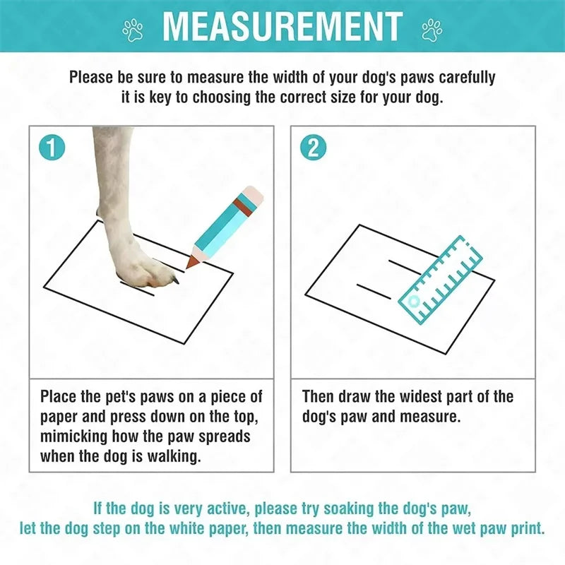 Instructions for measuring a dog's paw size with illustrations and text.