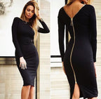Bodycon dress Solid Color Round neck long sleeve Back zipper tight dress