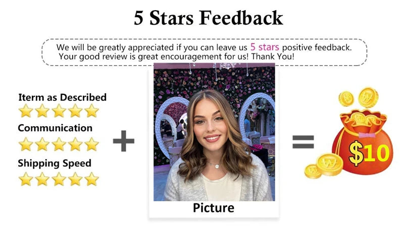 Five-star feedback graphic with a woman's face, money bag, and gold coins on a white background.