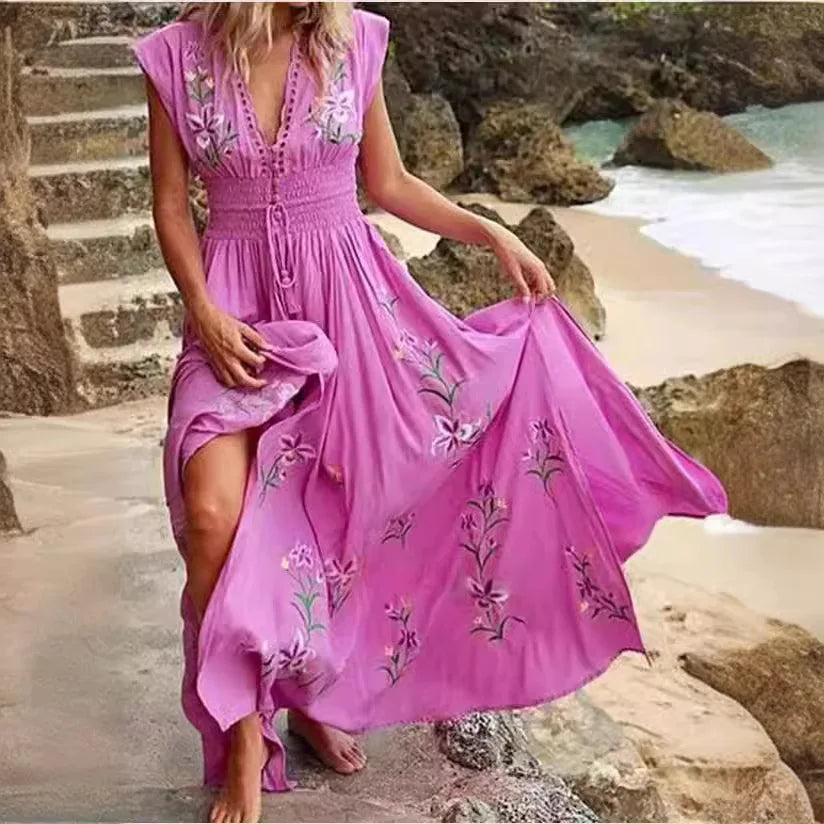 V-neck French Beach Wave Casual Printed Dress