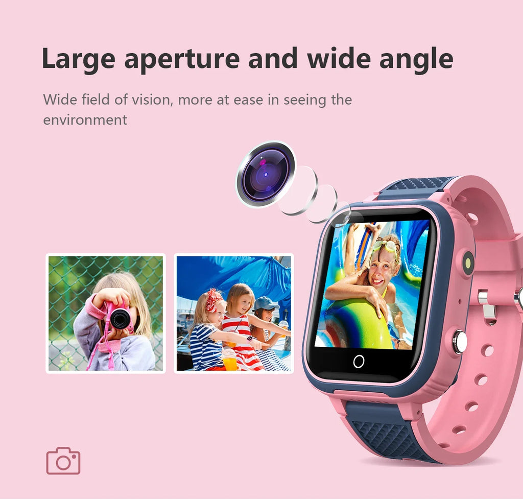 Smartwatch with camera lens on a pink background, showing wide field of vision.