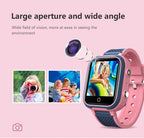 Smartwatch with camera lens on a pink background, showing wide field of vision.