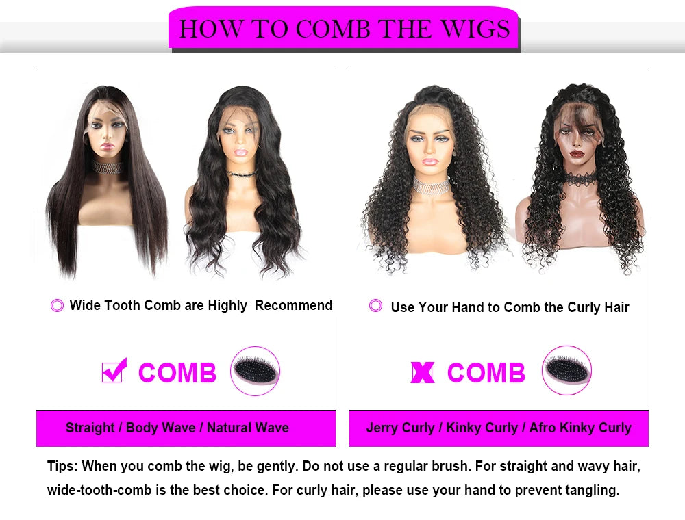 Instructions on how to comb wigs with images of wigs and text guidance.